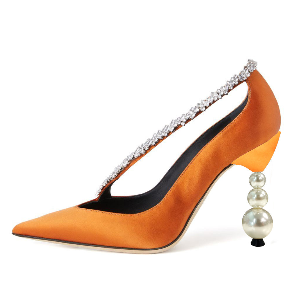 Elegant Satin Pointed Toe Pearl Decorative Heel Pumps Shoes in Orange