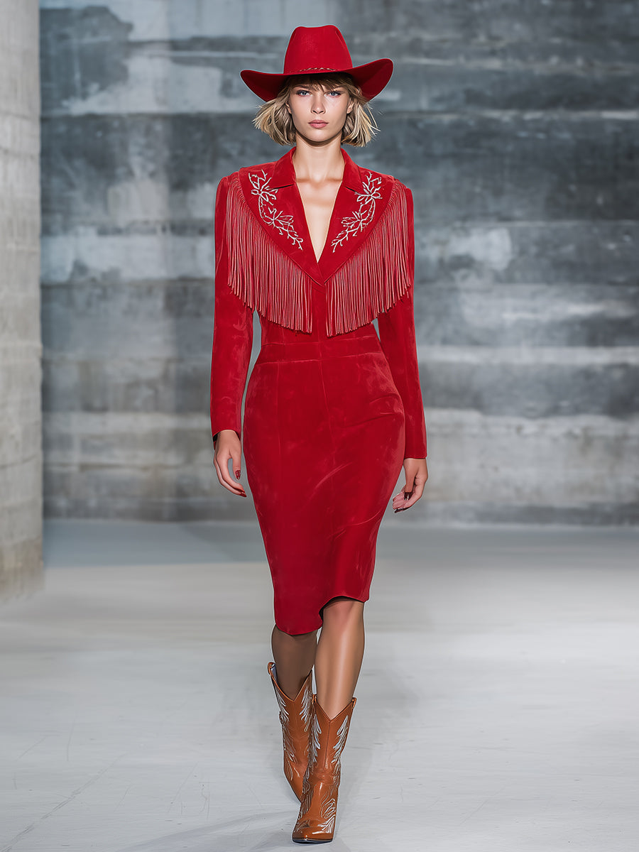 Fashionable Western Style White Embroidered Tassel Red Faux Suede Midi Dress