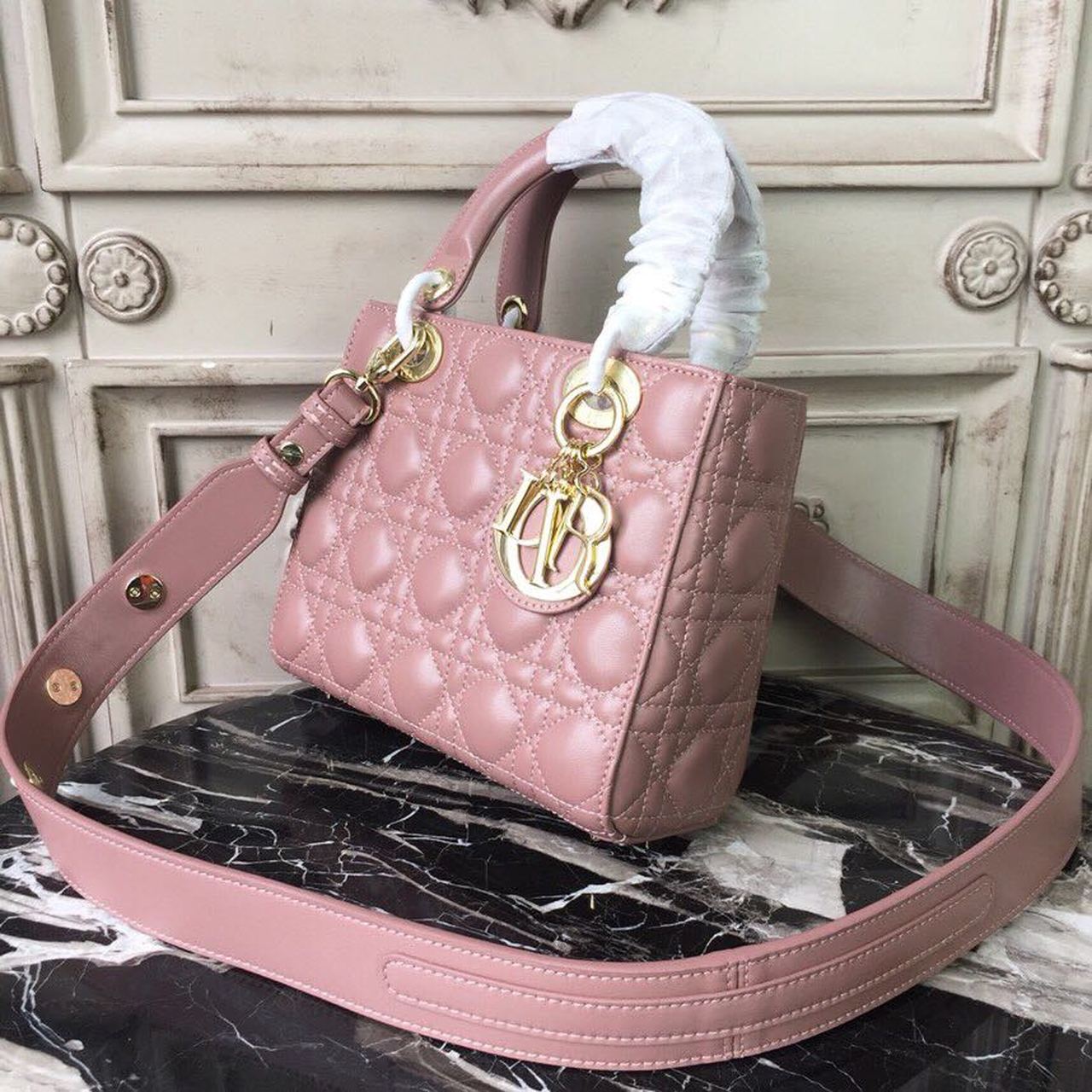 DI Medium Lady Bag Gold Toned Hardware Dusty Pink For Women 20cm/8in CD