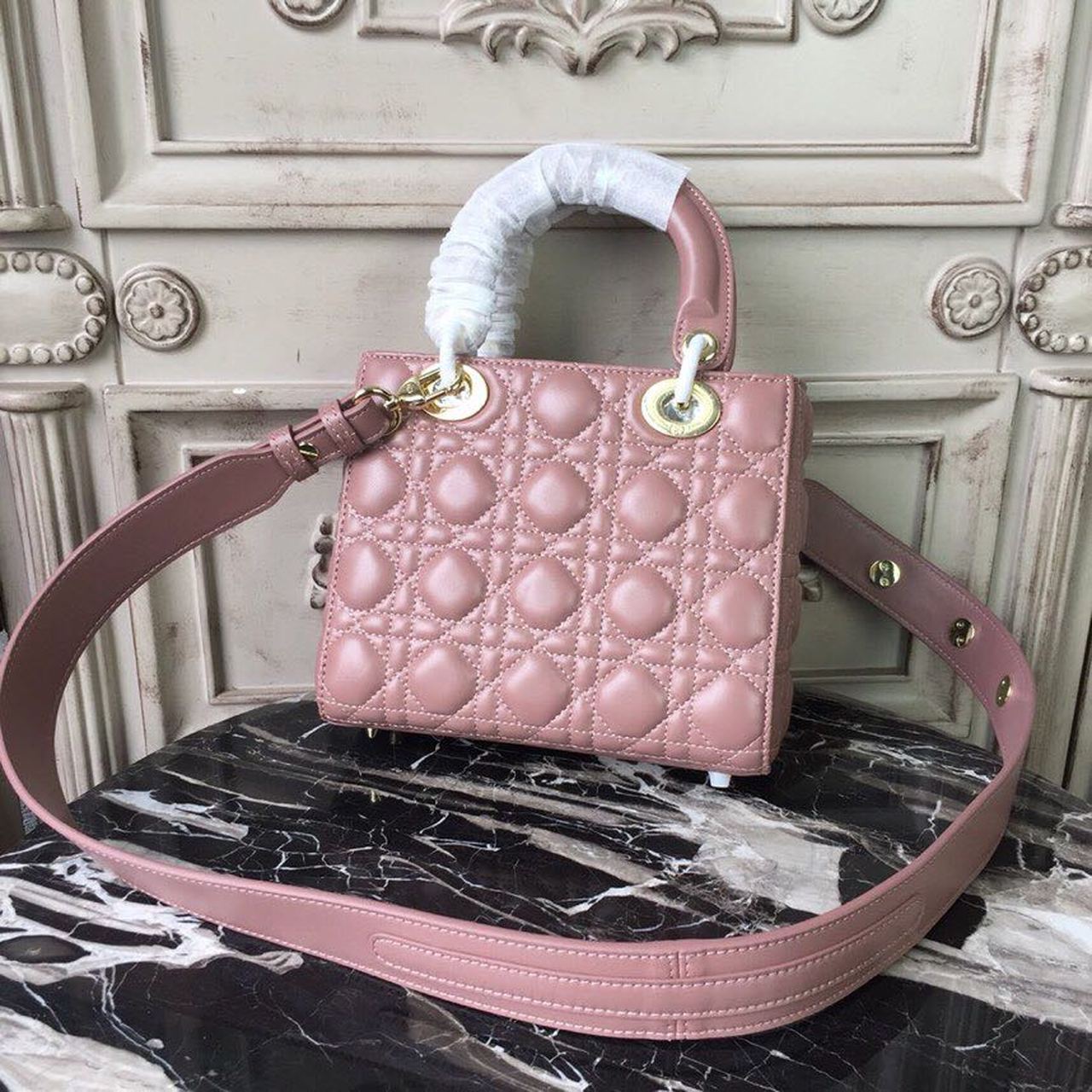 DI Medium Lady Bag Gold Toned Hardware Dusty Pink For Women 20cm/8in CD
