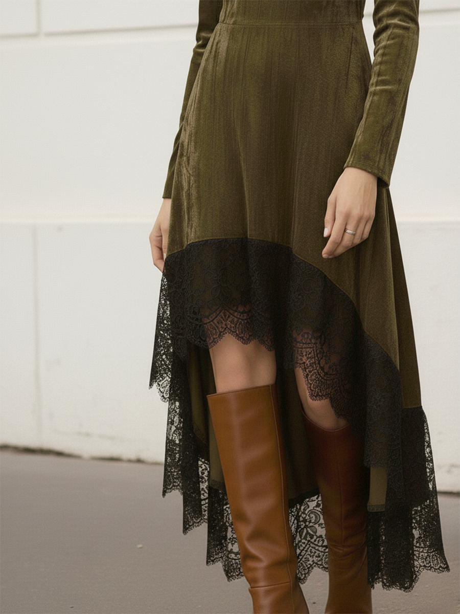 Elegant Vintage Stand-up Collar Long-sleeved Lace Hem Velvet Dress