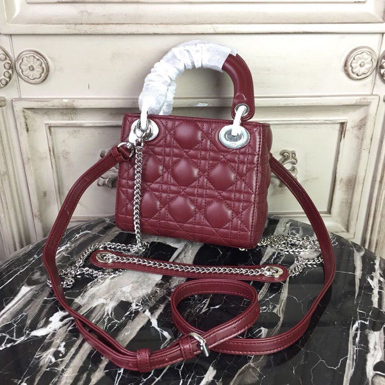 DI Mini Lady Bag with Chain Silver Hardware Burgundy For Women 6.5in/17cm CD