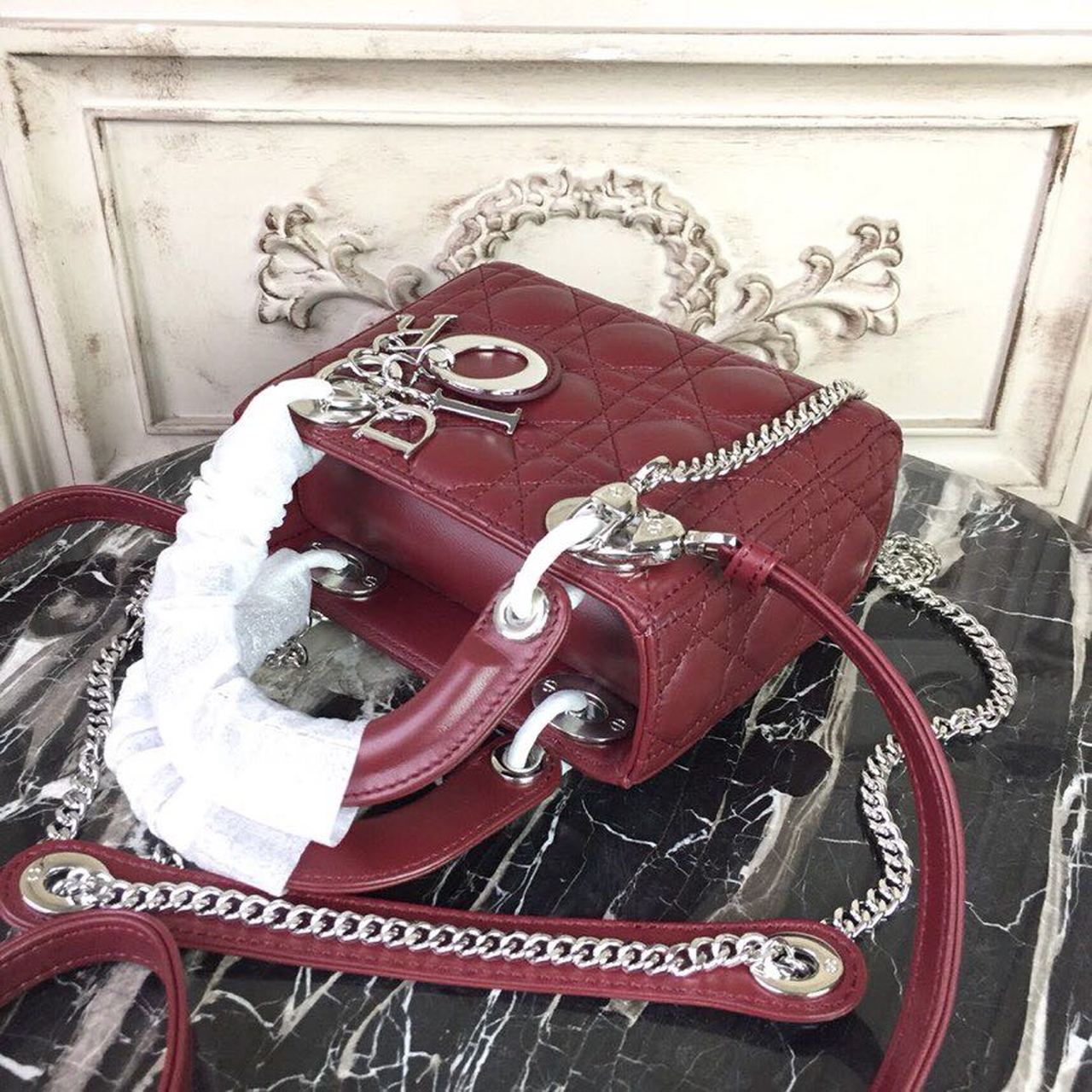 DI Mini Lady Bag with Chain Silver Hardware Burgundy For Women 6.5in/17cm CD