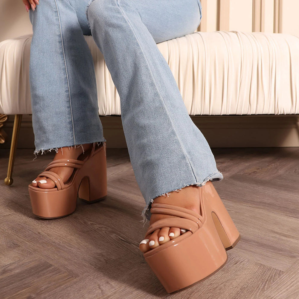 Beige Open Toe Chunky Heel Ankle Strap Sandals with Platform