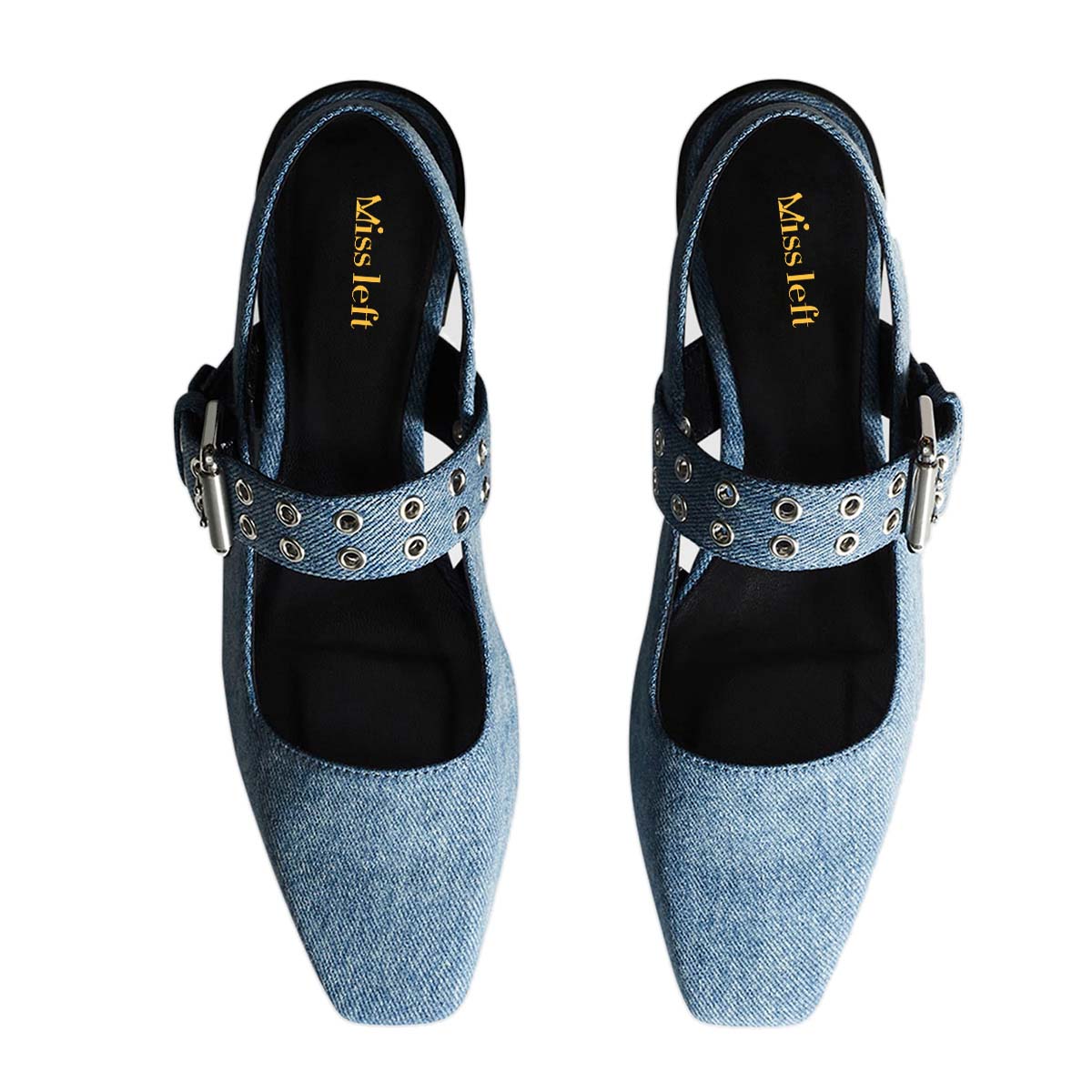 Denim Blue Square Toe Studded Slingback Low Heel Pumps for Women