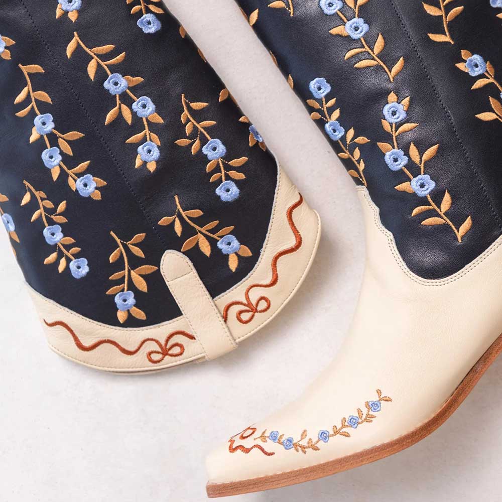 Beige and Navy Floral Embroidered Chunky Heel Wide Calf Cowgirl Boots
