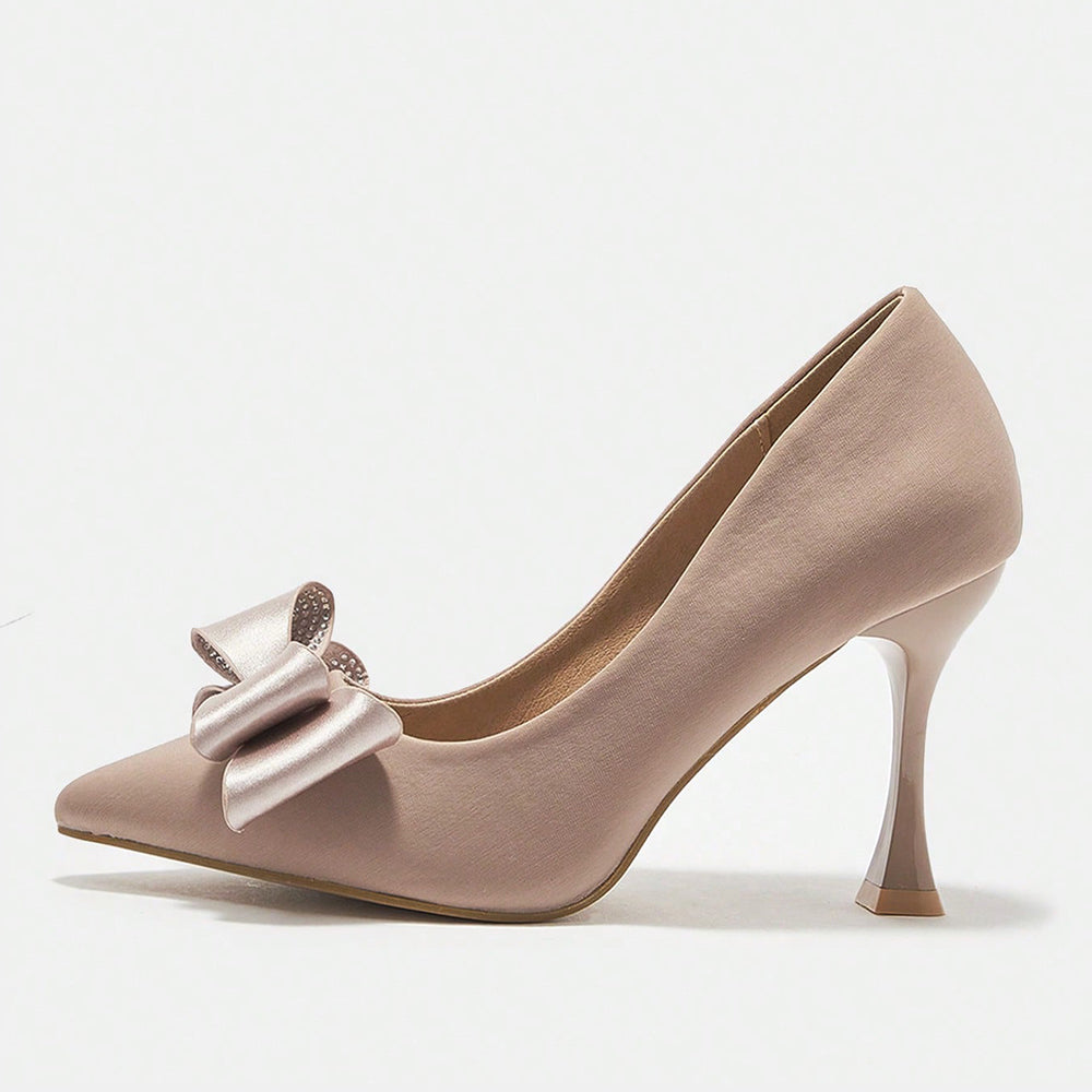 Beige Faux Suede Closed Toe Flared Heel Bow Pumps