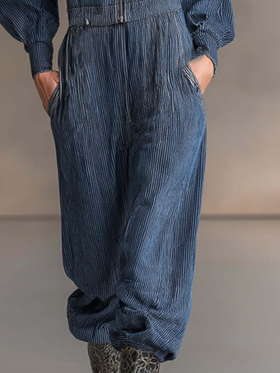 Fashionable Casual Blue Striped Denim Long-sleeved Wide-leg Jumpsuit