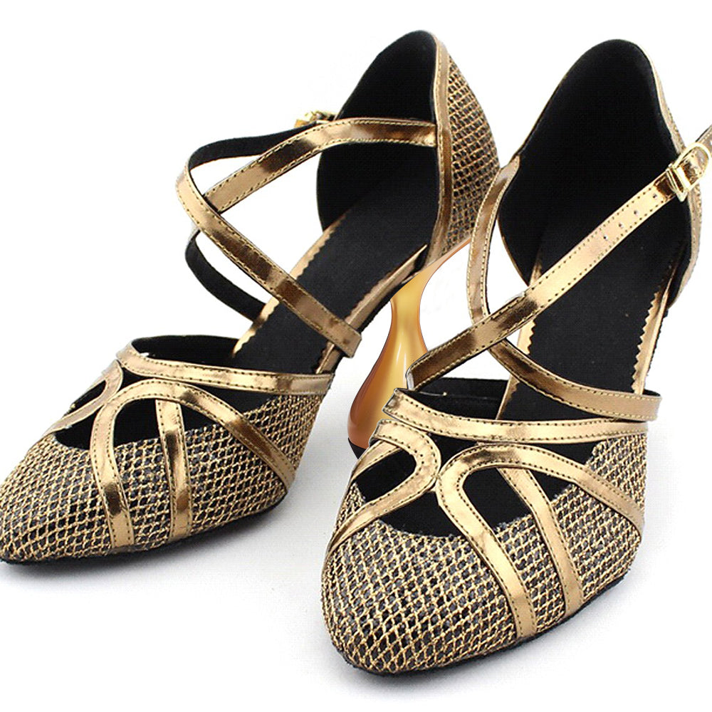 Gold & Black Closed Toe 3'' Decorative Heel Crisscross Pumps