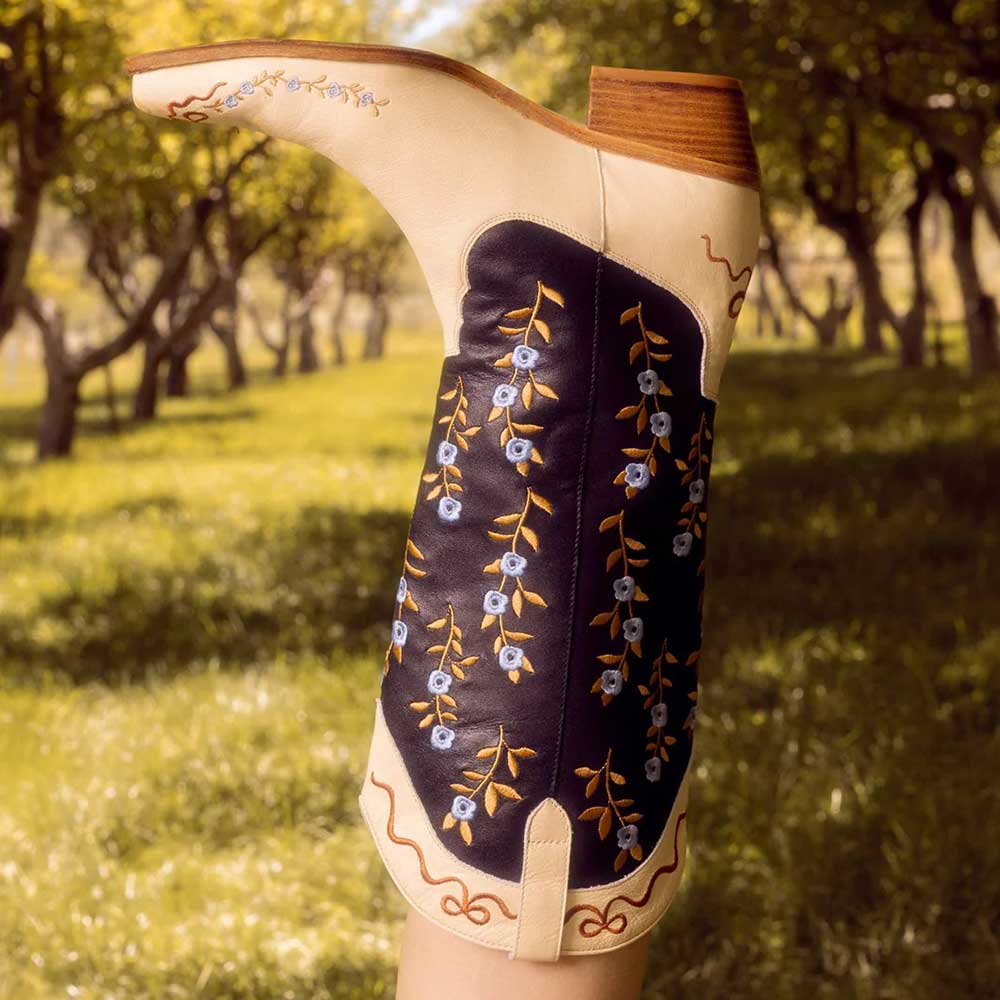 Beige and Navy Floral Embroidered Chunky Heel Wide Calf Cowgirl Boots