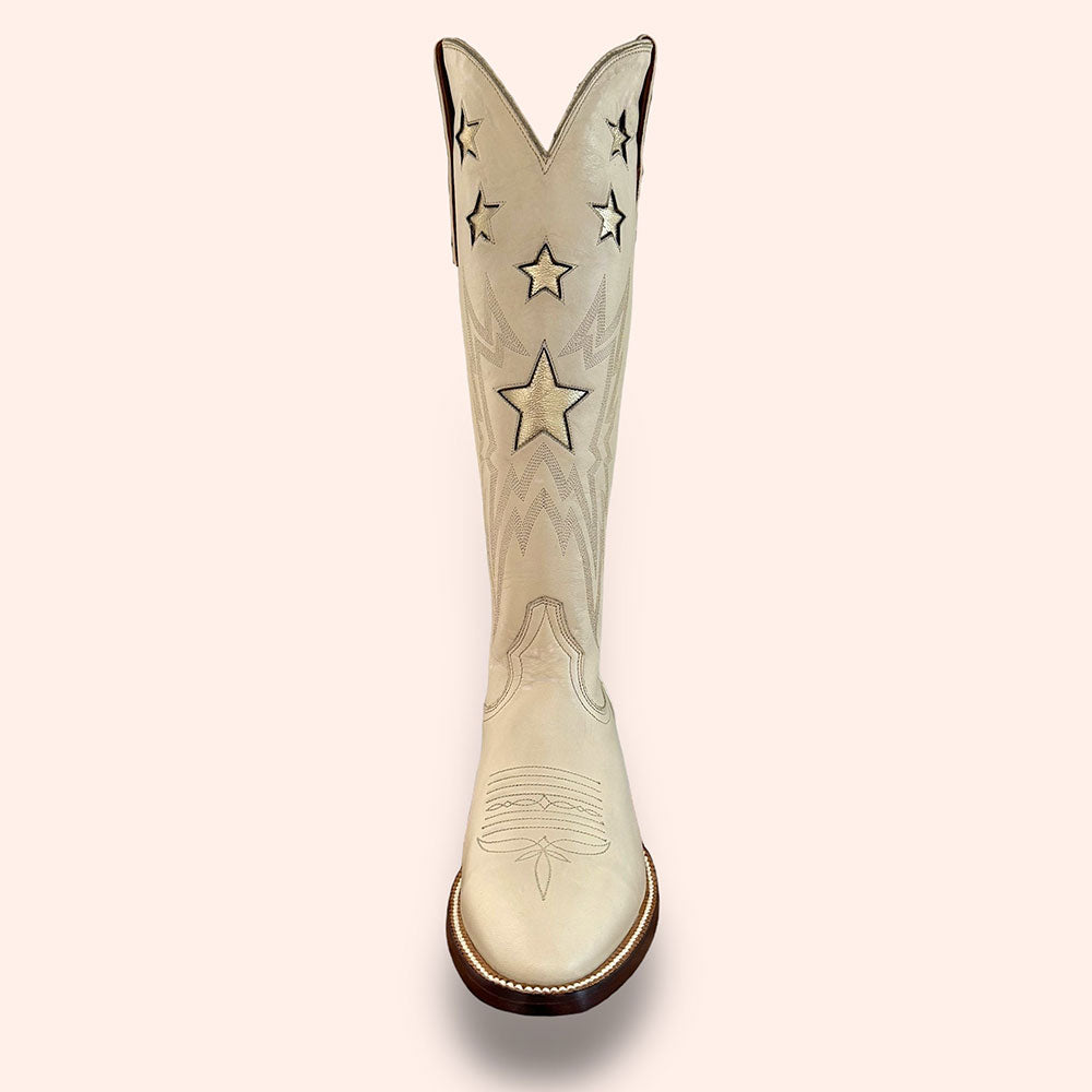 Beige Stars Embroidered Round Toe Chunky Heel Knee-High Cowgirl Boots