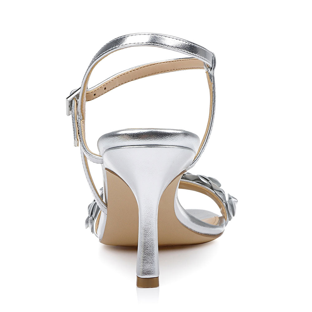 Ankle Strap Open Toe Flower Decor Women's Heel Sandals in Silver