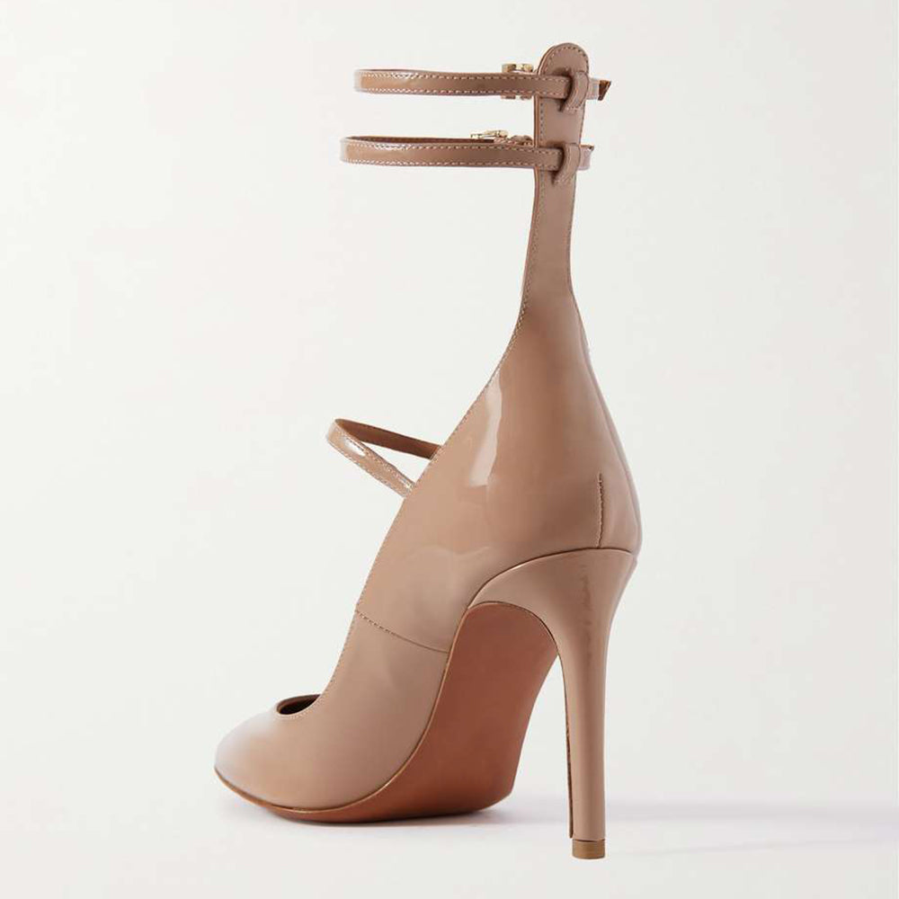 Beige Closed Toe Stiletto Heel Buckled Strappy Pumps