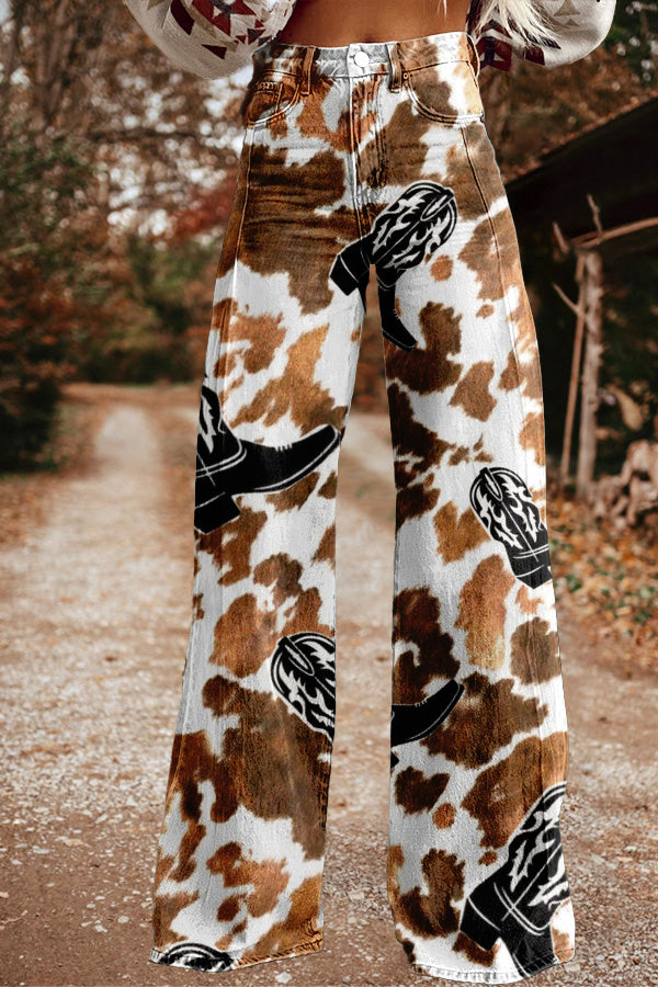 Vintage Western Boots Print Wide Leg Trousers