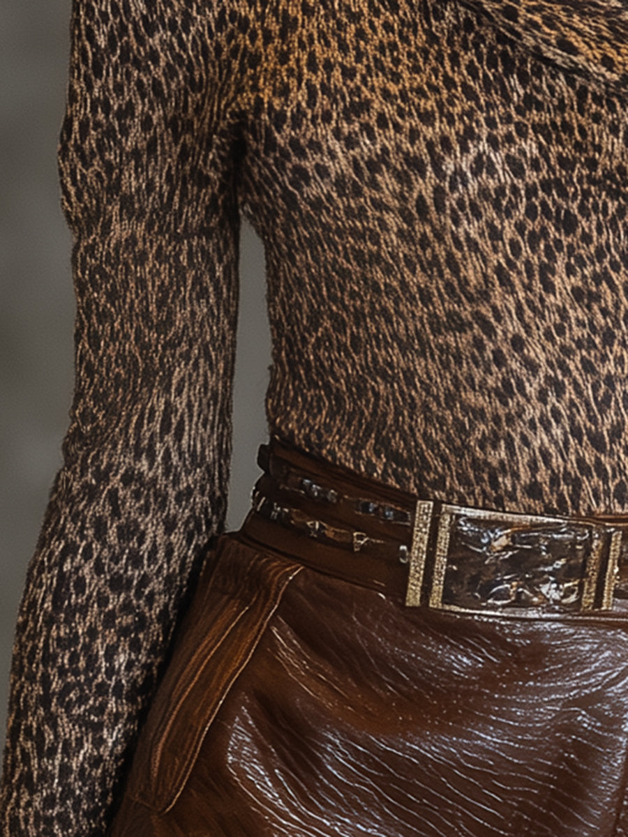 Designer Brown Leopard Print Off-Shoulder Pullover Sweater