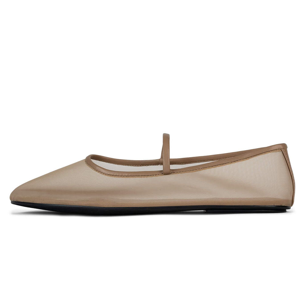 Beige Mesh Round Toe Flat Mary Jane Ballet Shoes