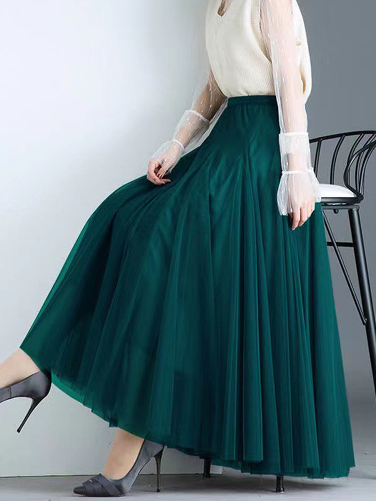 Daily Layered Pleated Stretchy Waist Solid Tulle Midi Skirt