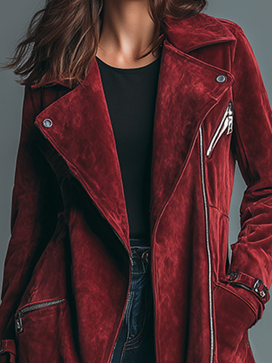 Elegant Vintage Burgundy Faux Suede Long Coat