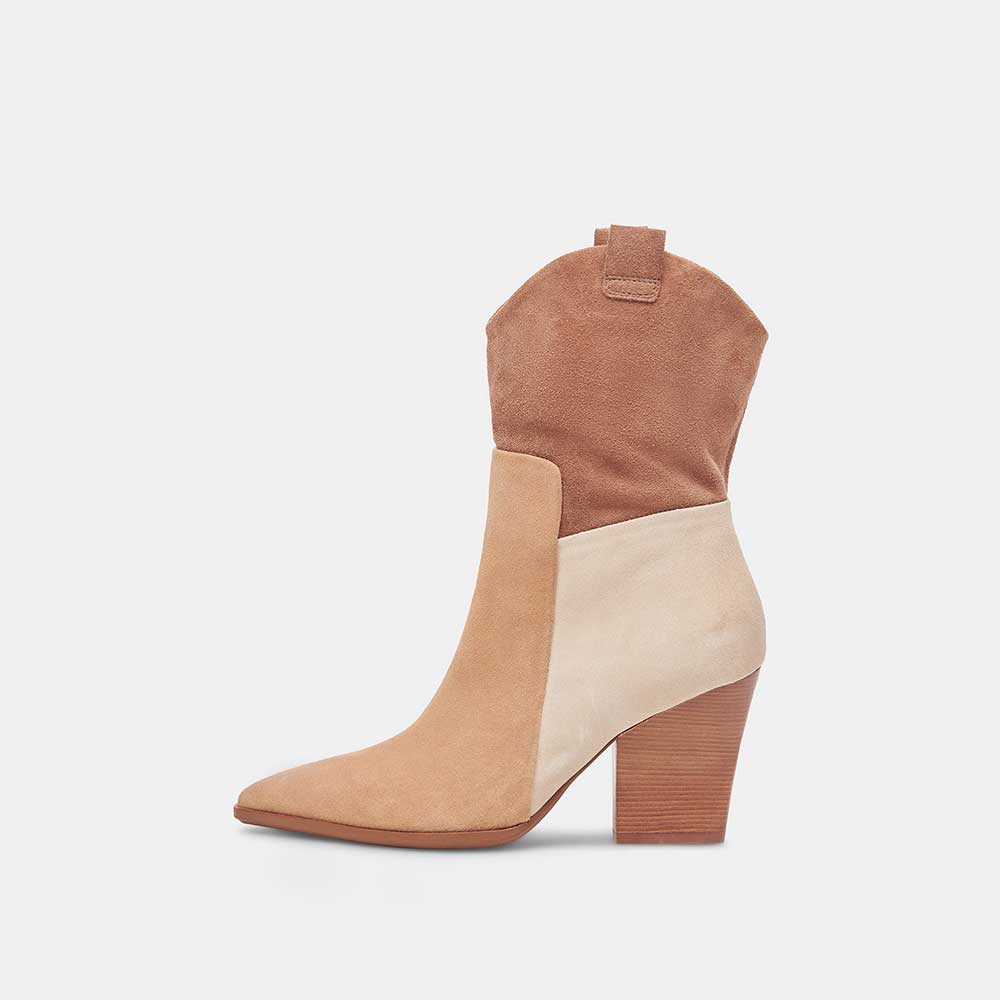 Beige Faux Suede Pointed Toe Chunky Heel Cowgirl Booties