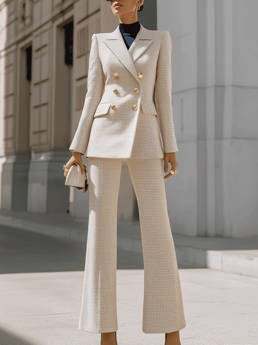 Beige Double-Breasted Tweed Pantsuit With Gold Buttons