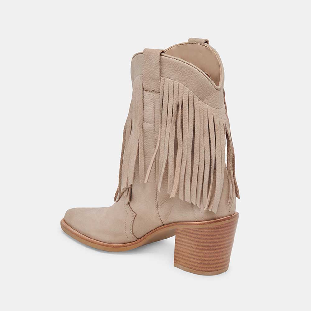Beige Pointed Toe Fringe Ankle Length Cowgirl Boots with Chunky Heel