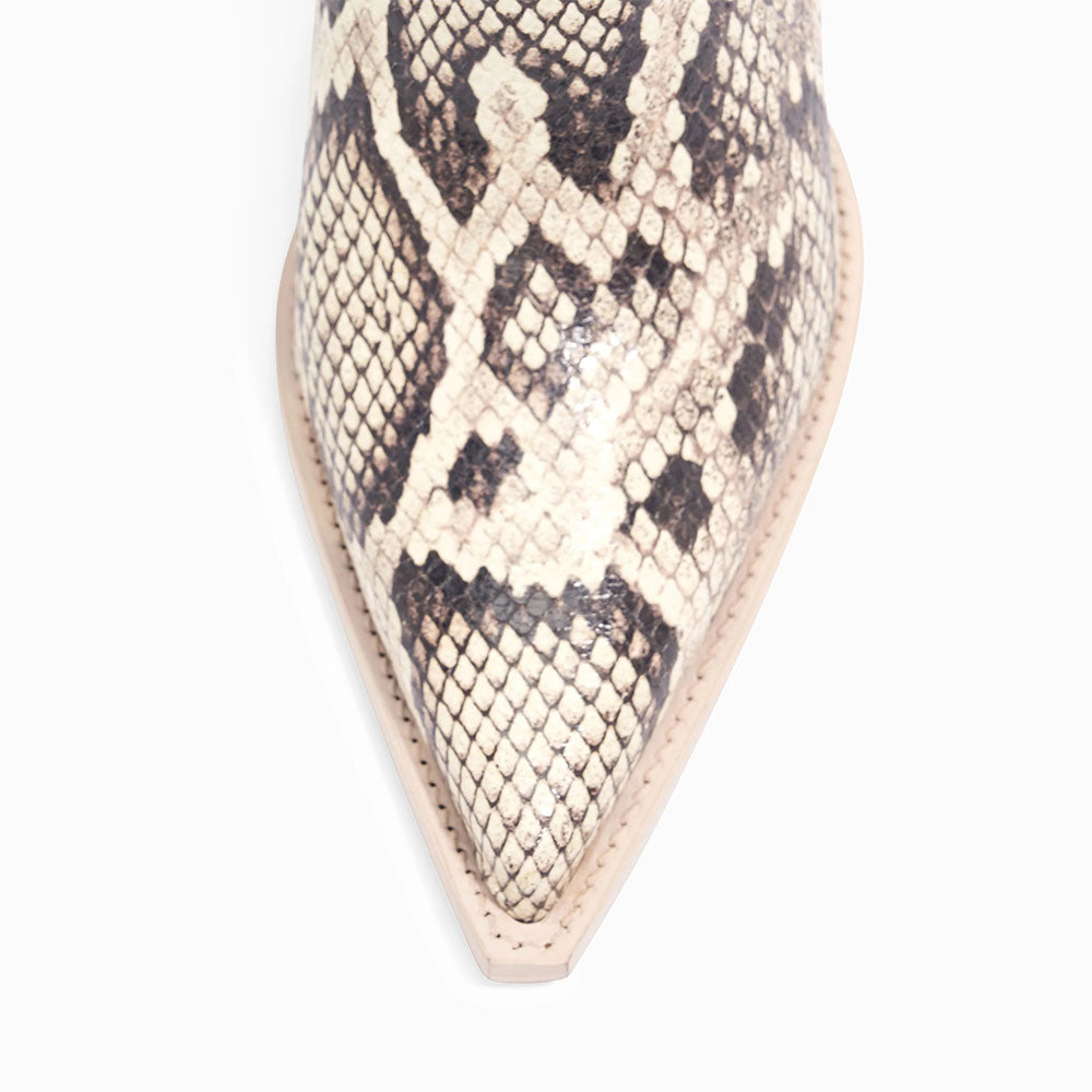 Beige and Black Vegan Leather Pointed Toe Python Print Mule Heels