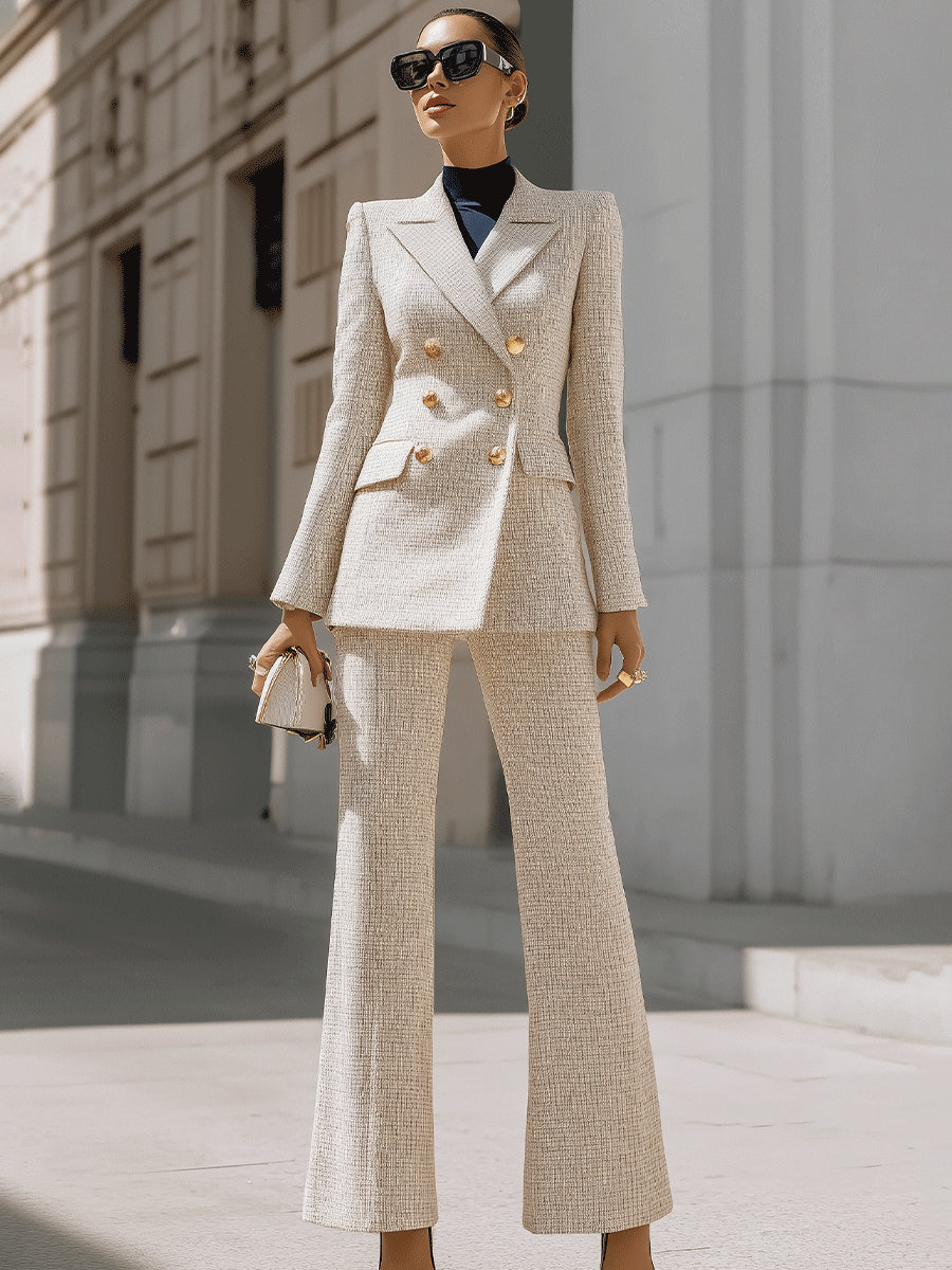 Beige Double-Breasted Tweed Pantsuit With Gold Buttons