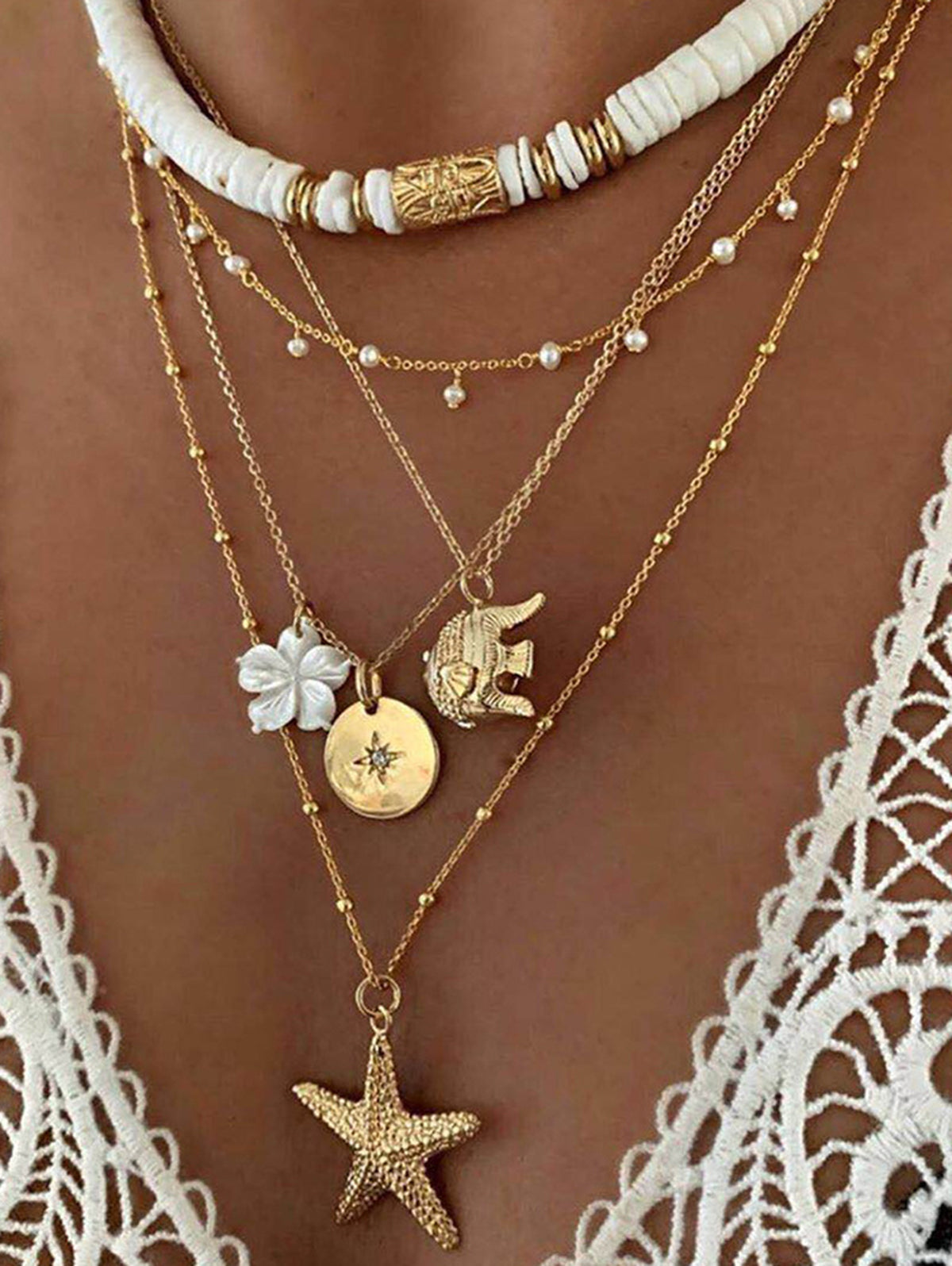 Fashion Multi-layer Flower Starfish Beaded Set Alloy Necklaces