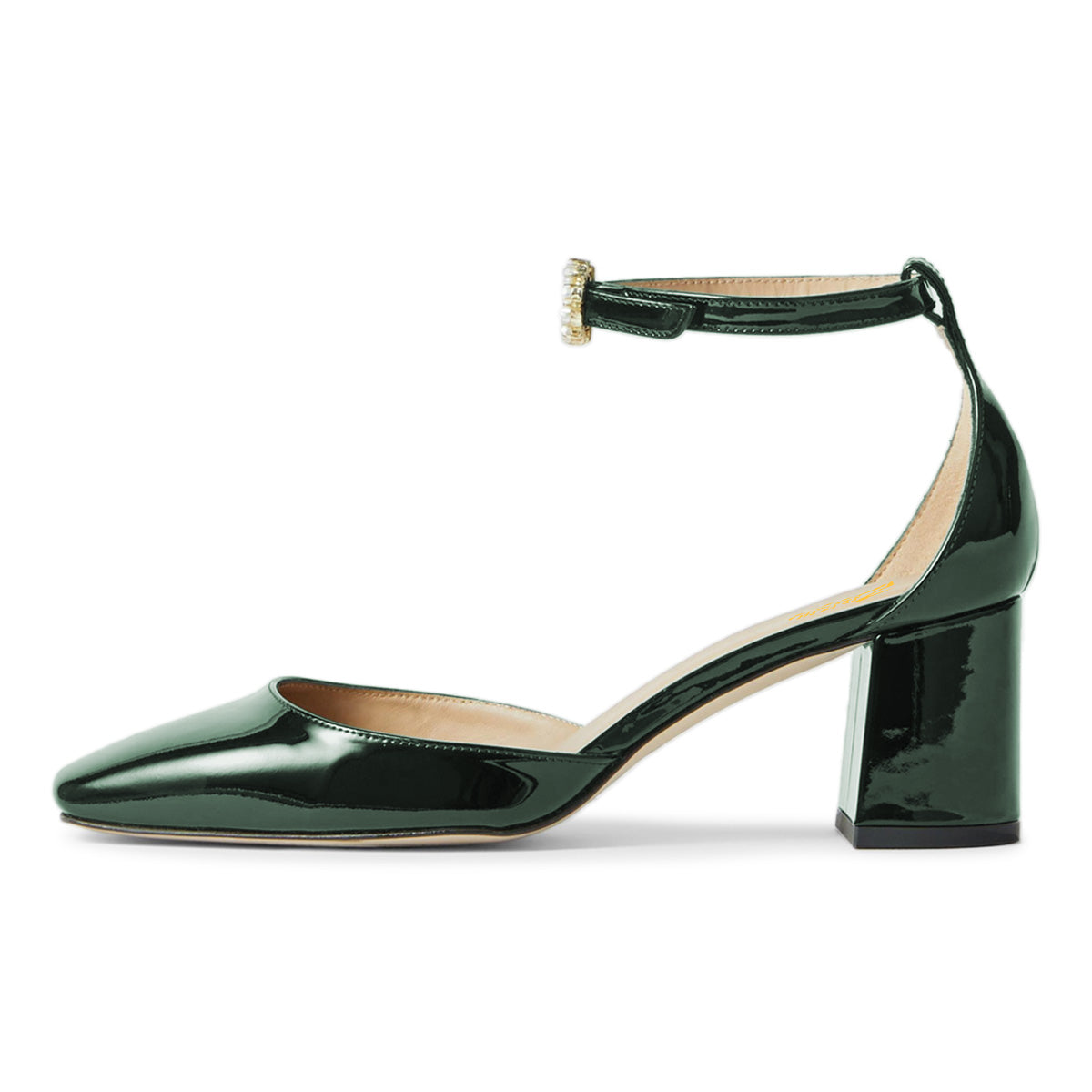 Dark Green Pearl Buckle Strap Square Toe Block Heel Pumps for Women