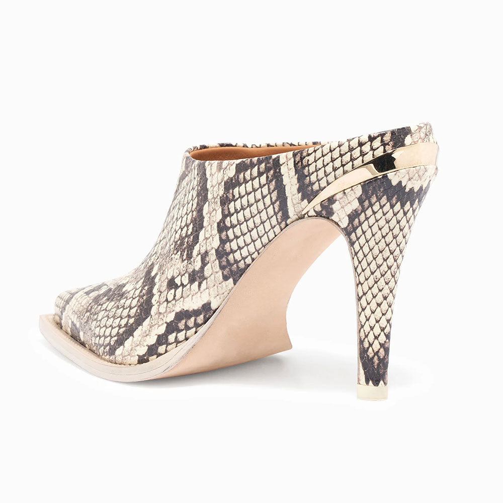 Beige and Black Vegan Leather Pointed Toe Python Print Mule Heels