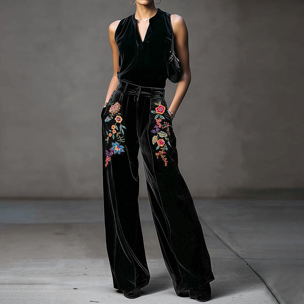 Ursime Velvet Floral Embroidery High Waist Pocket Wide Leg Pants