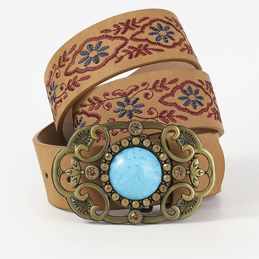 Ethnic Floral Leaf Pattern Embroidered Buckle Belt