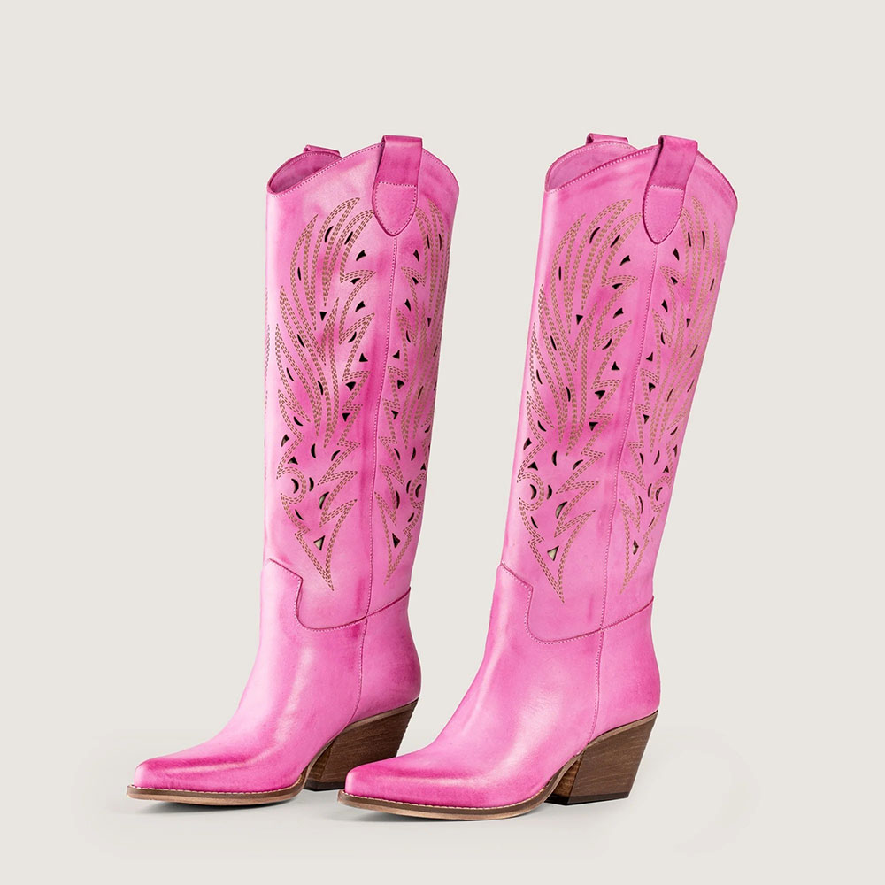Embroidered Snip Toe Block Heel Cute Fuchsia Knee-High Cowgirl Boots