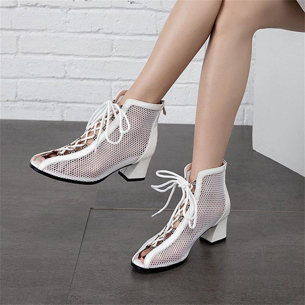 Fashion White Mesh Peep Toe Chunky Heel Lace Up Booties for Women