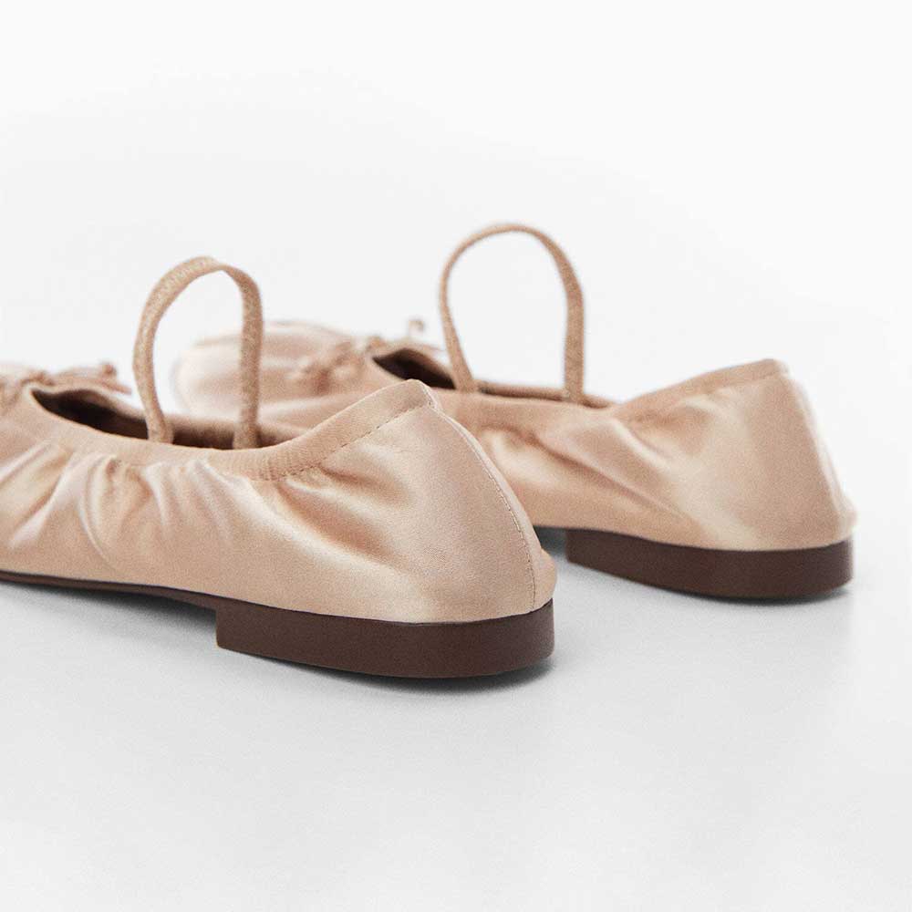 Beige Satin Round Toe Bow-Tie Slip-On Ballet Flat Shoes with Strap