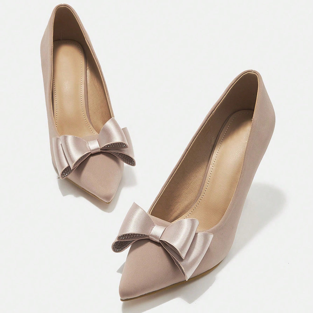 Beige Faux Suede Closed Toe Flared Heel Bow Pumps