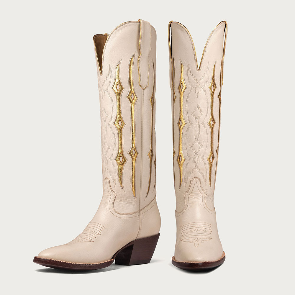 Beige Closed Toe Patchwork Embroidered Western Boots for Women