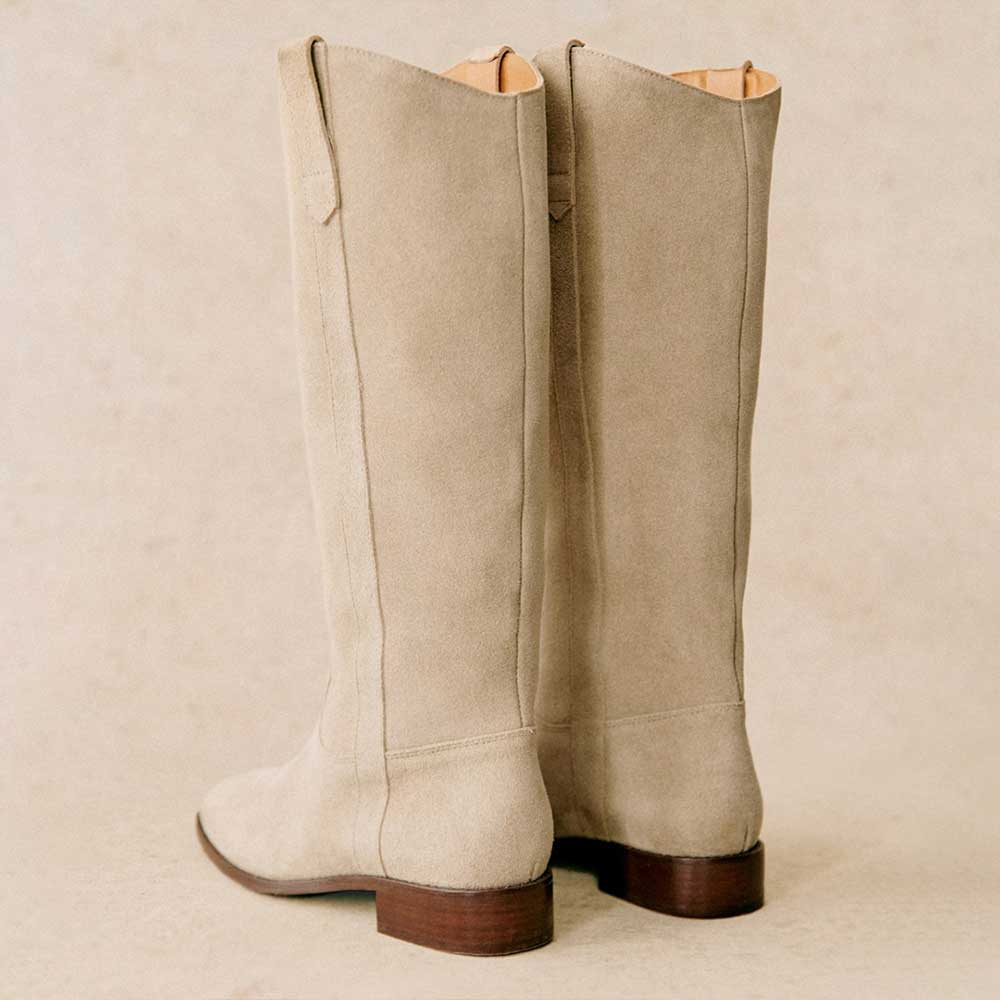 Beige Square Toe Chunky Heel Mid-Calf Cowgirl Boots with Side Loop