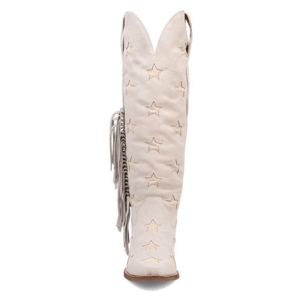 Beige Snip Toe Chunky Heel Fringe Knee-High Cowboy Boots for Women