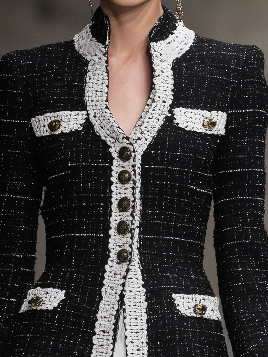 Fashionable Black Tweed Patchwork Ribbon Jacket