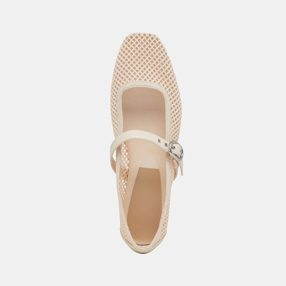 Beige Fishnet Square Toe Flat Buckle Strap Mary Jane Shoes for Women