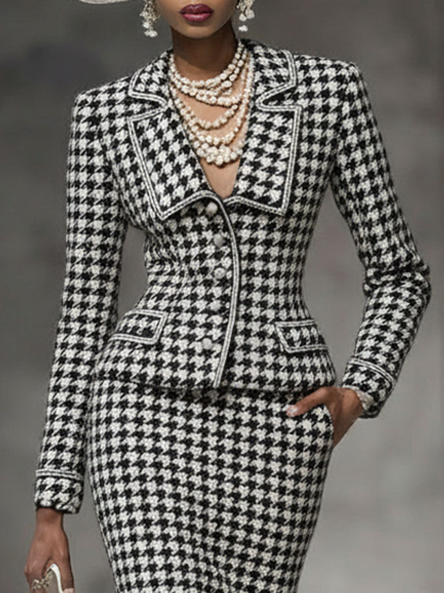 Elegant Black And White Houndstooth Lapel Blazer And Skirt Set