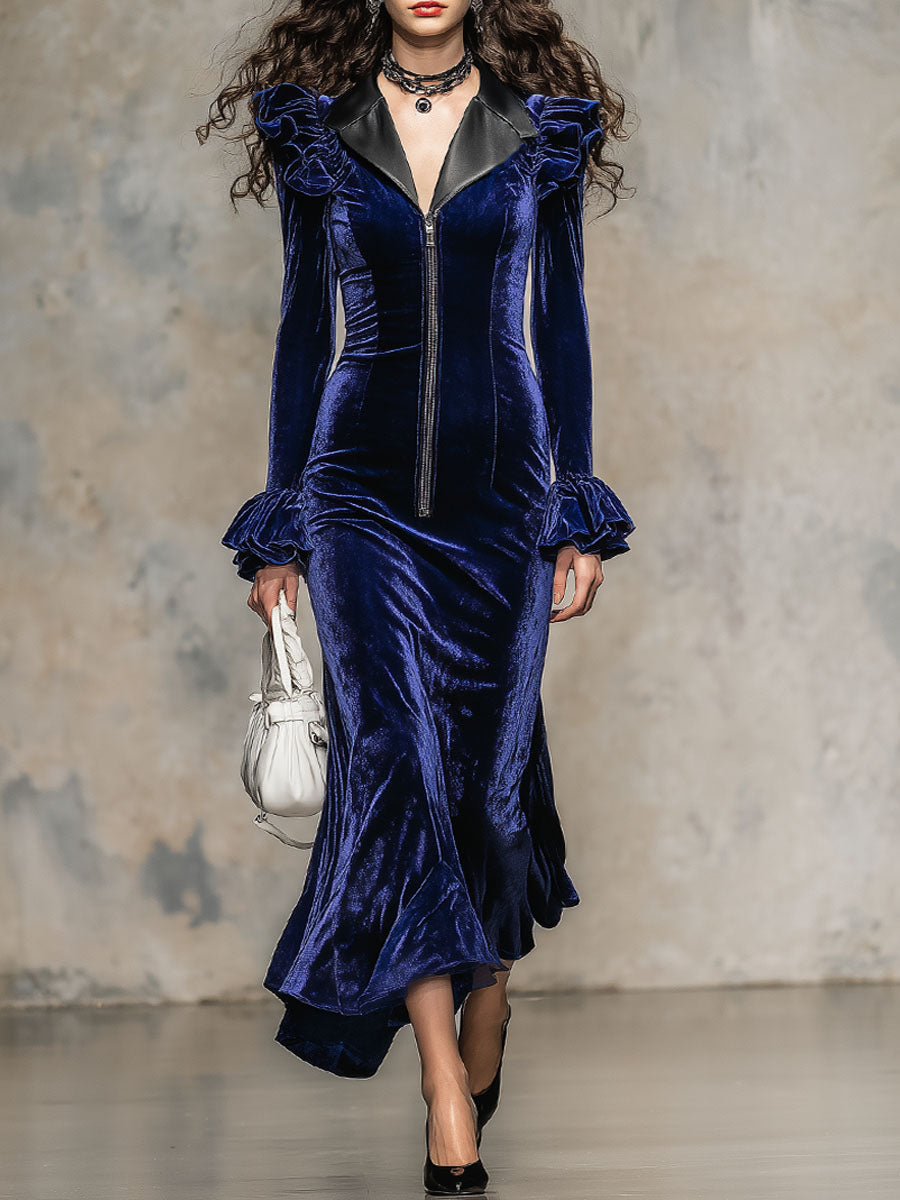 Elegant Faux Leather Lapel Long Zipper Velvet Maxi Dress