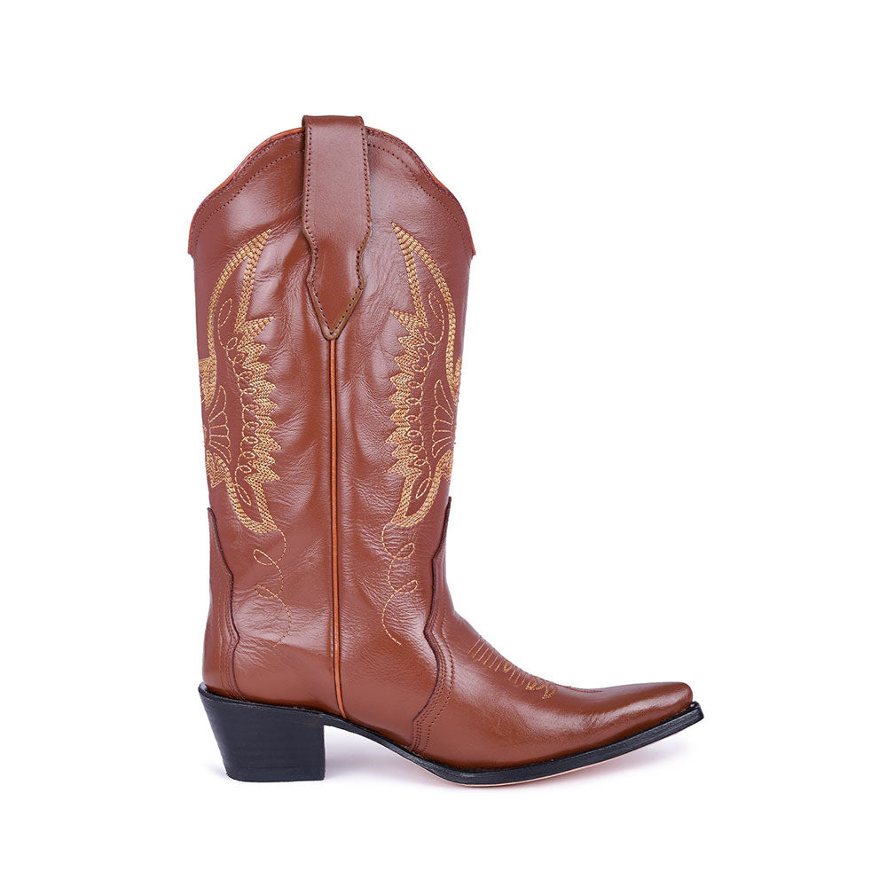 Embroidered Bird Mid-Calf Snip Toe Brown Cowgirl Boots for Women