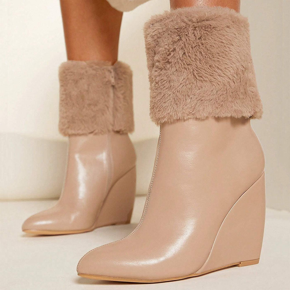 Beige Pointed Toe 4’‘ Wedge Heel Fur Covering Ankle Boots