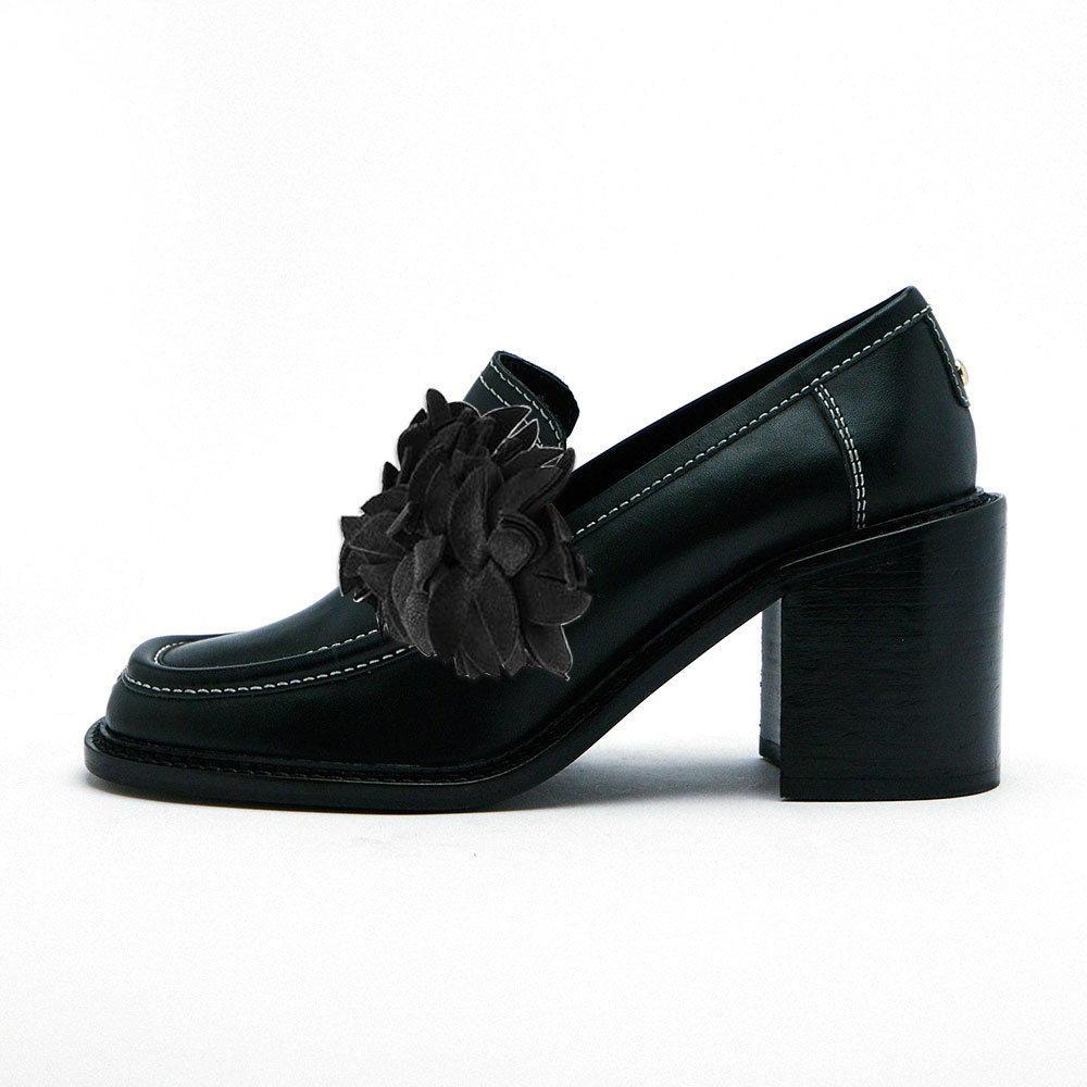 Dark Green Square Toe Floral Decor Block Heel Loafer Shoes Women