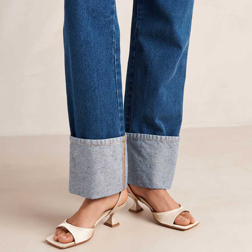 Beige Satin Square Toe Flared Heel Ankle Strap Sandals