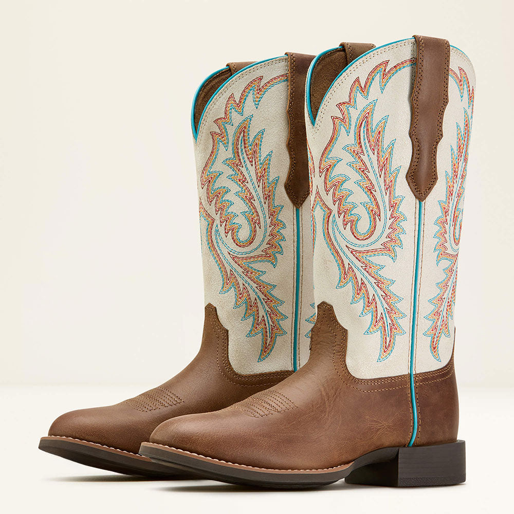 Beige & Brown Round Toe Embroidered Mid-Calf Western Cowgirl Boots