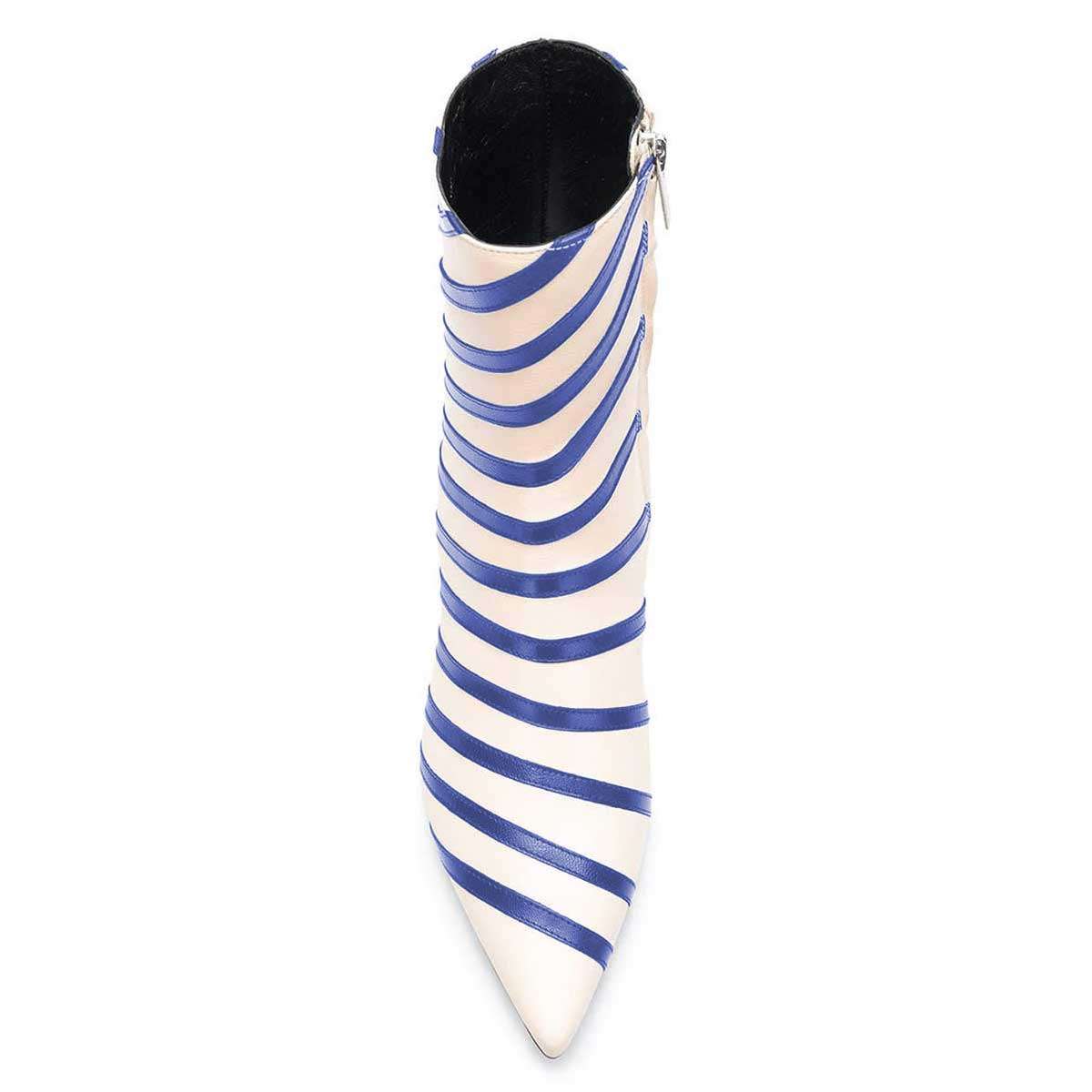 Beige and Blue Pointed Toe Kitten Heel Striped Ankle Boots with Zip