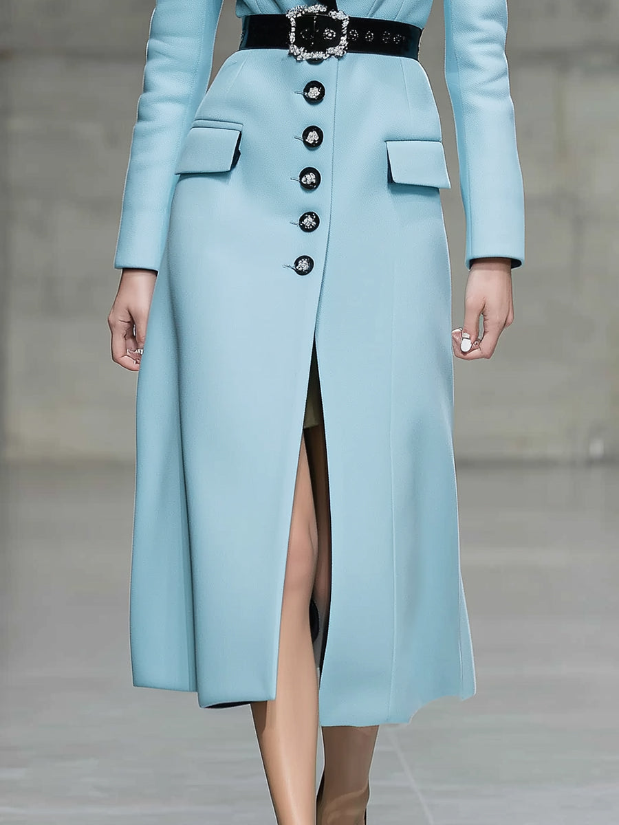 Fashionable And Elegant Black Velvet Collar Light Blue Wool Coat